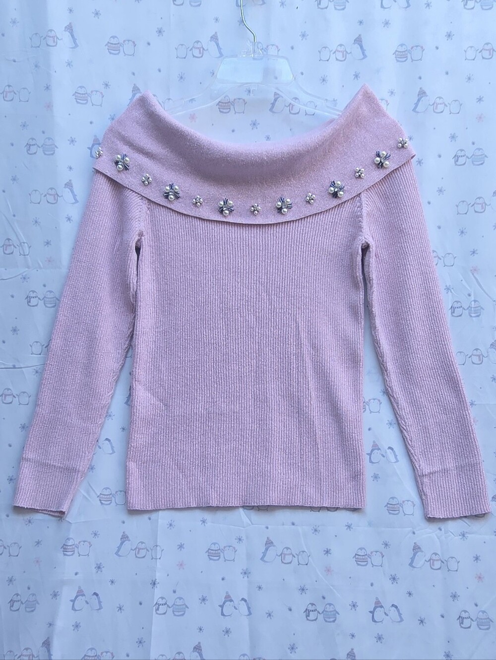 Lauren Michelle Pink Off-Shoulder Embellished Sweater. M